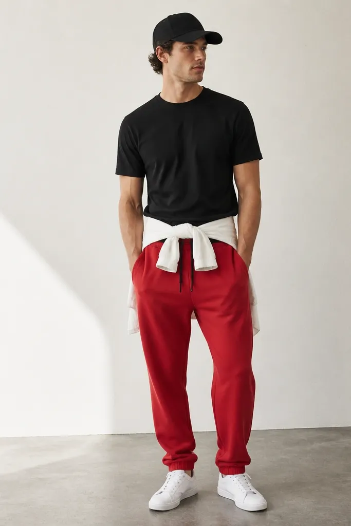 Red sweatpants with a black T-shirt and a white denim shirt tied around the waist. The man wears white sneakers and a black cap. The tied shirt ends hang just above the waistband.
