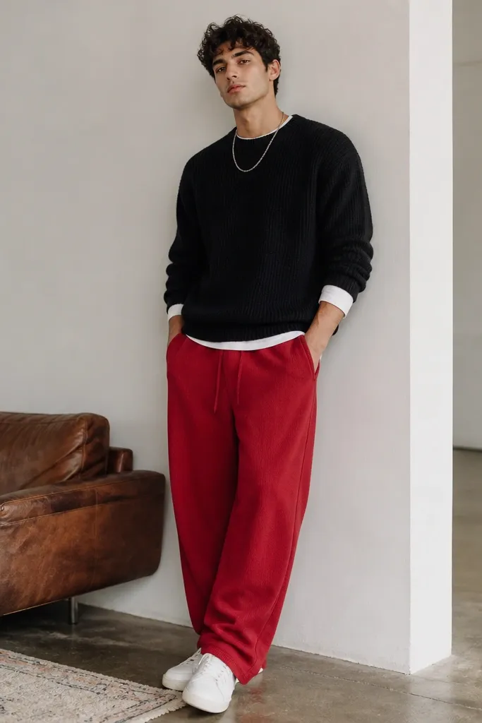Red sweatpants paired with a black knit sweater over a thin white long-sleeve layer. The man wears white sneakers and a visible silver chain necklace. The sweater sleeves are slightly pushed up.