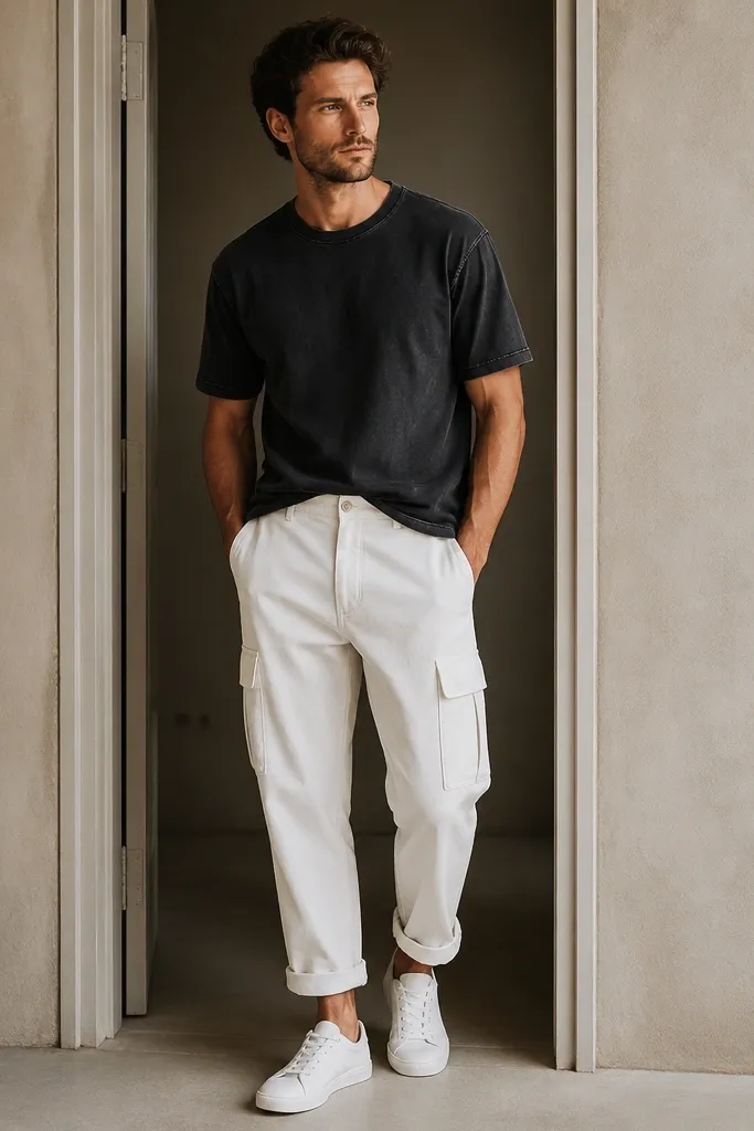 A man in white cargo pants with rolled hem, a washed black crewneck tee, and clean white minimalist sneakers. He stands in a doorway with the shirt slightly tucked at the front.