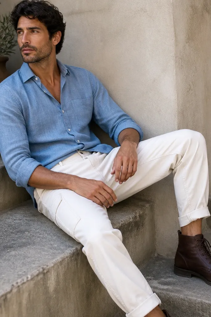 A man wearing a light blue chambray button-up with sleeves rolled, white cargo pants, and dark brown leather boots. The top is partially unbuttoned at the collar.