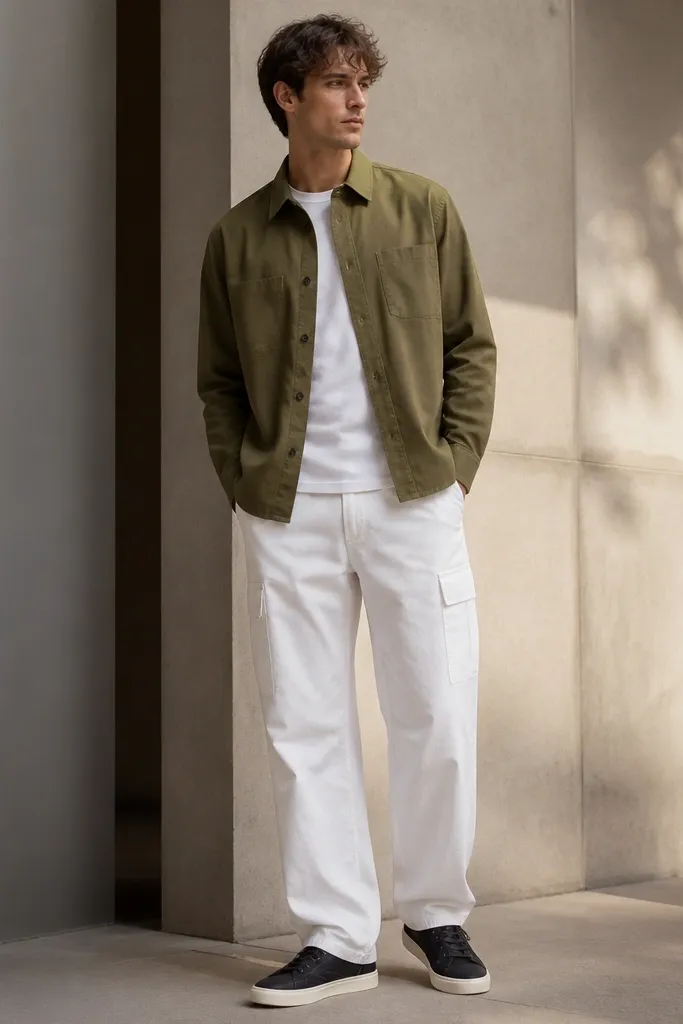 A man wearing olive green overshirt over a plain white tee, white cargo pants, and black low-top sneakers. The overshirt is buttoned halfway and the outfit is photographed in daylight.
