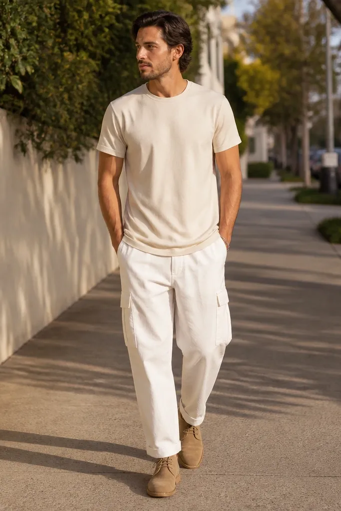 A man wearing cream crewneck t-shirt, white cargo pants, and tan suede desert boots. The outfit is photographed on a sidewalk with warm sunlight.