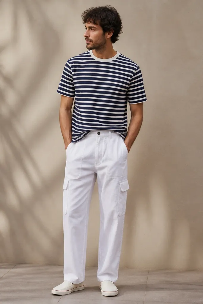 A man wearing a navy and white striped tee with white cargo pants and white canvas slip-on shoes. The stripes are visible and the tee is tucked at the front.