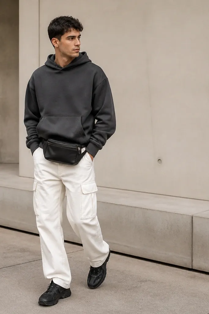 A man wearing a charcoal hoodie with the hood down, white cargo pants, and a black leather belt bag across his waist. He wears black sneakers.