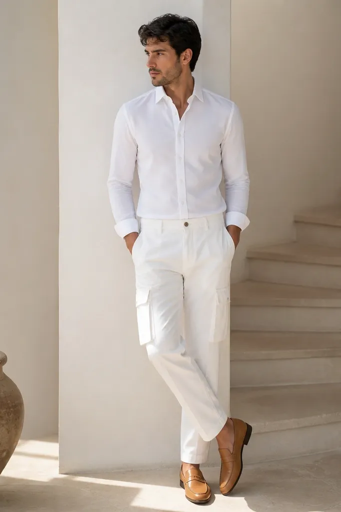 A man in a slim white button-down shirt, white cargo pants, and tan leather loafers. The shirt is buttoned and tucked neatly.