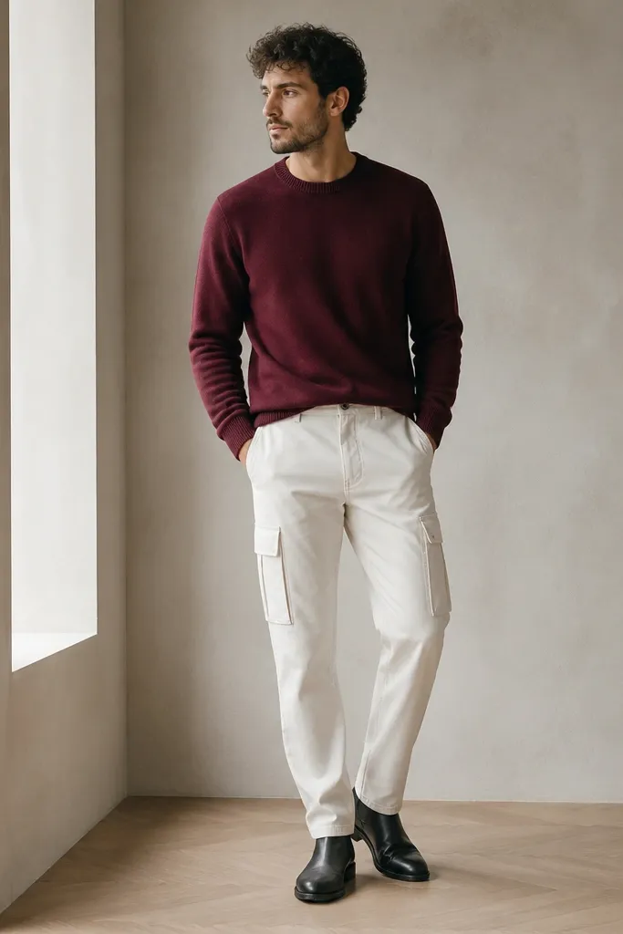 A man wearing a burgundy crewneck sweater, white cargo pants, and black Chelsea boots. The sweater is slightly tucked at the front.