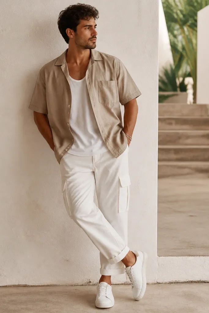 A man wearing a khaki short-sleeve button shirt over a white tee, white cargo pants, and white low sneakers. The shirt is unbuttoned at the top.