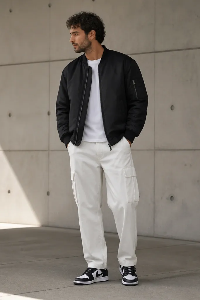 A man wearing a black bomber jacket over a white crew tee, with white cargo pants and black-and-white sneakers. The jacket cuffs are visible and the pants hem is clean.