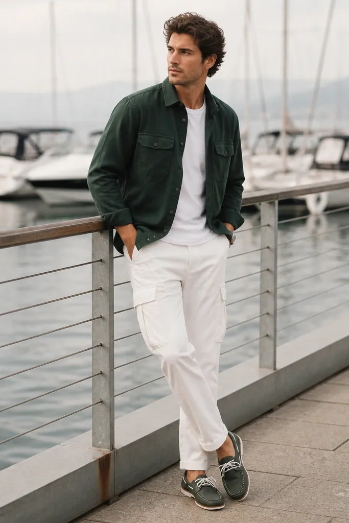 A man wearing a forest green overshirt over a white tee, white cargo pants, and dark green boat shoes with white laces. The outfit is shot near a marina railing.