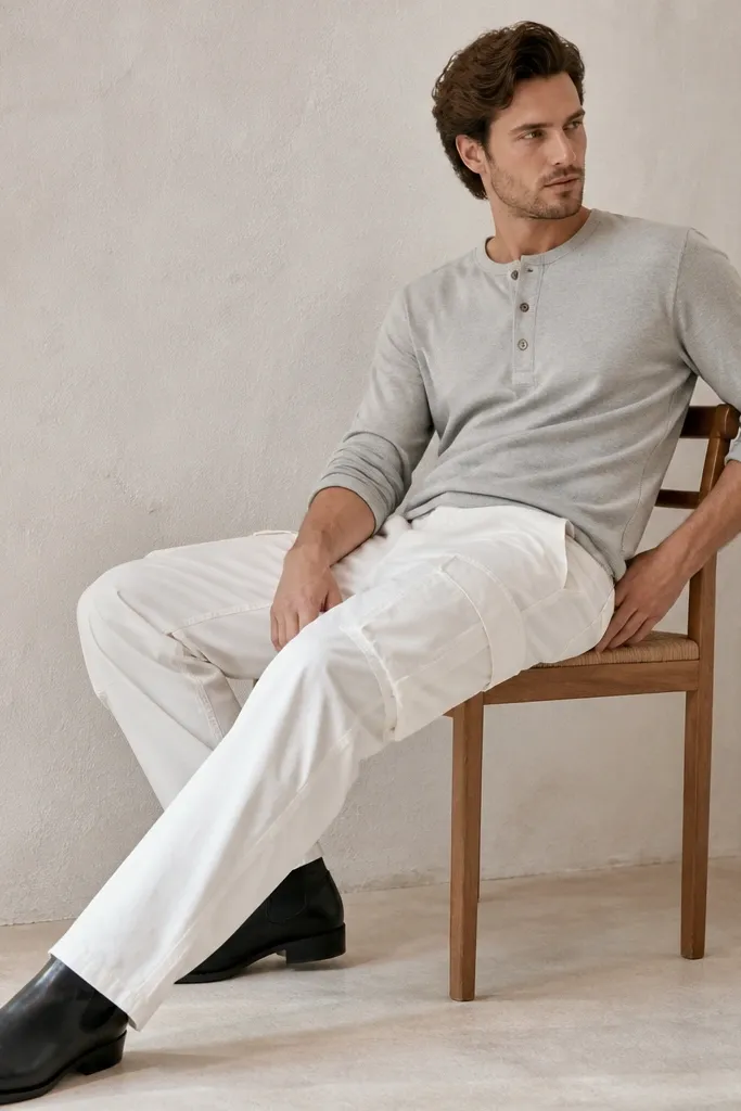 A man in a light gray henley shirt, white cargo pants, and black leather low boots. The henley has three buttons and the sleeves are rolled slightly.