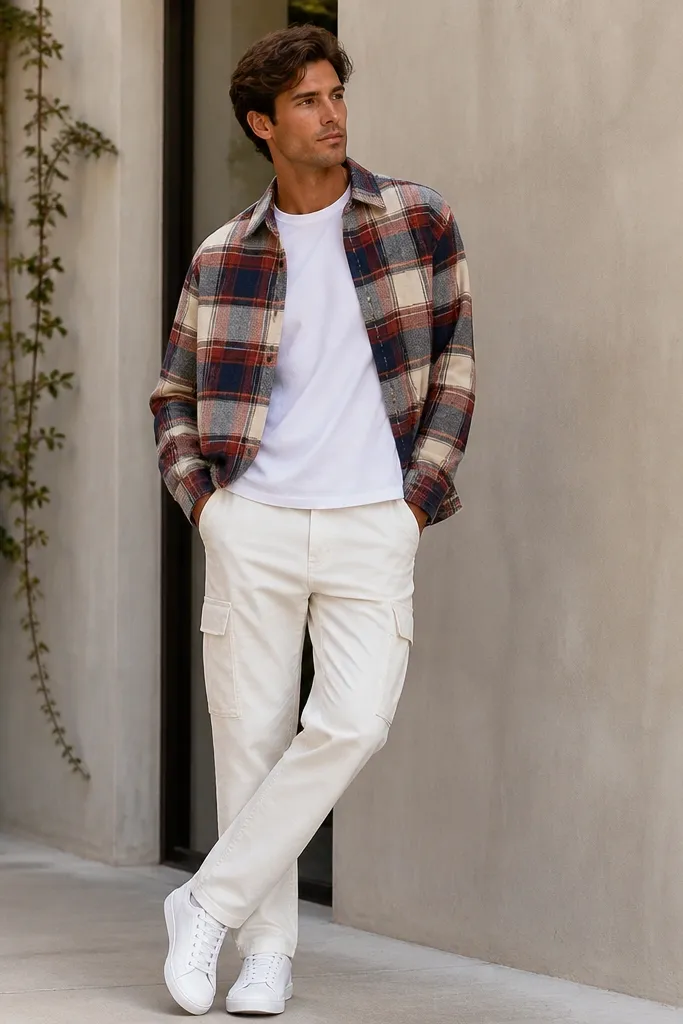 A man wearing a multicolor check overshirt (red, navy, cream tones), white cargo pants, and clean white sneakers. The overshirt is worn open over a plain tee.