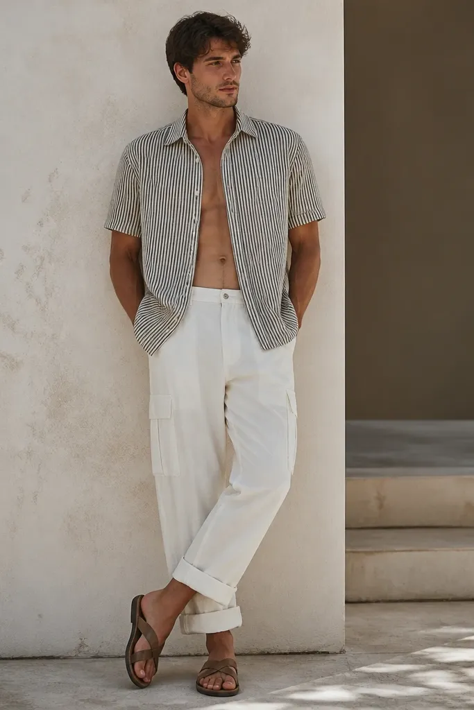 A man wearing a black-and-white ticking stripe short-sleeve shirt, white cargo pants, and simple leather sandals. The shirt is unbuttoned and the pants hem is slightly cuffed.
