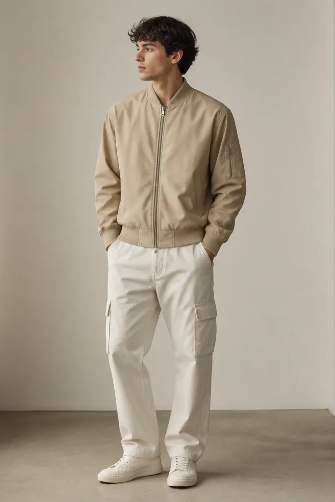 A man wearing a beige bomber jacket, off-white cargo pants, and off-white sneakers. The bomber is zipped and the outfit is photographed indoors with neutral lighting.