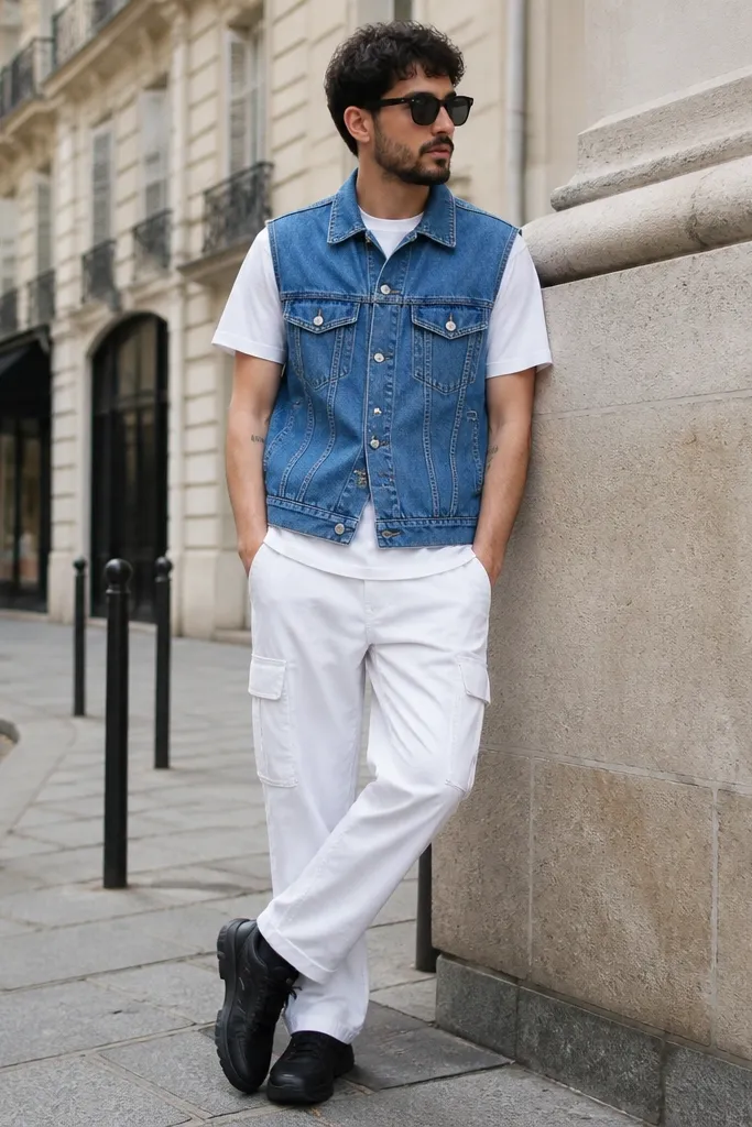 A man wearing a blue denim vest over a white tee, white cargo pants, and black sneakers. The vest is buttoned and the outfit is photographed in a street setting.