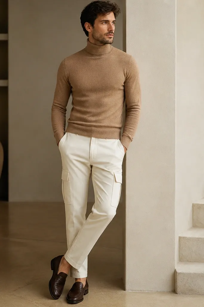 A man wearing a tan knit turtleneck sweater, white cargo pants, and espresso brown leather loafers. The turtleneck is fitted and the pants are neatly hemmed.