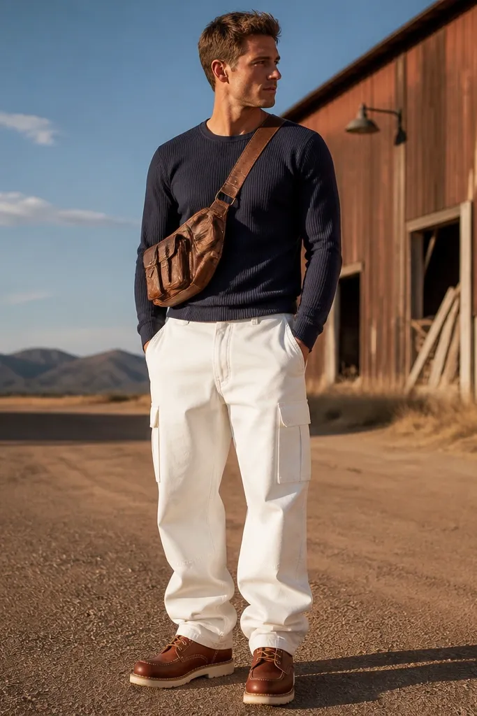 Man wearing bright white cargo pants with a slightly relaxed fit, paired with a navy ribbed long-sleeve tee. He has a brown leather tool-belt style crossbody satchel and rugged cognac work boots with thick crepe soles. The outfit is photographed outdoors in late afternoon light, showing the cargo pockets and stitching details against the clean white fabric.