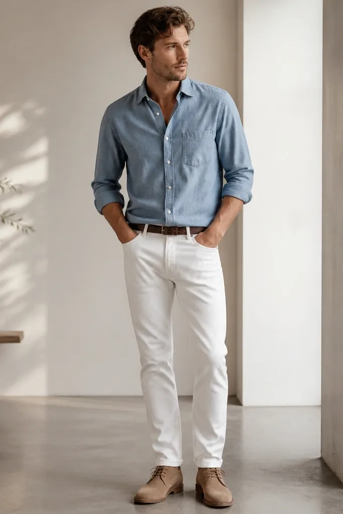 A man wearing a light blue chambray button-up shirt with sleeves rolled to mid-forearm, tucked slightly at the front into white denim pants. He has on tan suede desert boots and a dark brown belt. The shirt looks matte and slightly wrinkled in a good way.