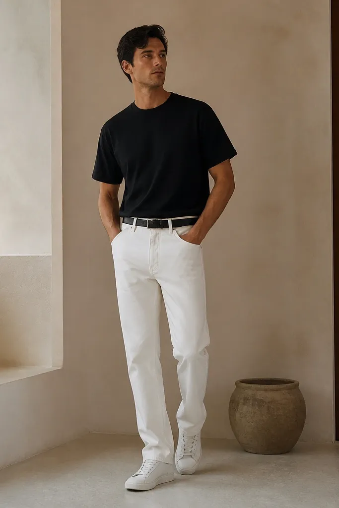 A man wearing a black crewneck T-shirt with a slightly boxy fit, tucked loosely into white denim pants. He wears a black leather belt and white sneakers. The denim is bright white with a matte finish and subtle texture.