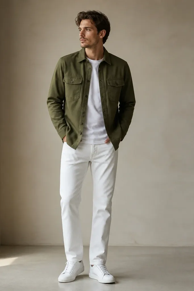 A man wearing an olive green utility overshirt with chest pockets and a button front, layered over a plain white tee. He wears white denim pants and clean white sneakers. The overshirt looks slightly structured with a cotton canvas texture.