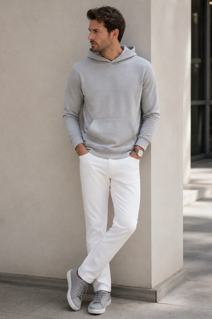 A man wearing a light gray pullover hoodie with a kangaroo pocket and a clean hem, paired with white denim pants. He has on gray low-top sneakers and a simple watch. The hoodie looks cotton-fleece, not bulky.