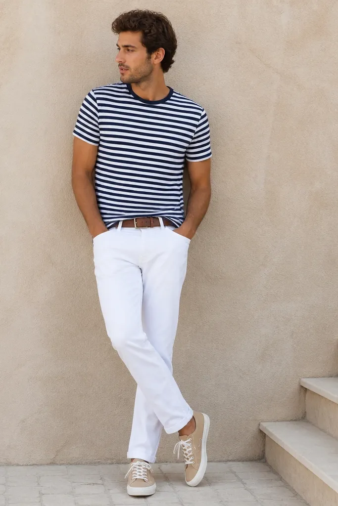 A man wearing a navy-and-white horizontal striped crew T-shirt, slightly fitted, with white denim pants. He wears tan canvas sneakers with white soles and a simple brown belt. The stripes are evenly spaced and the fabric looks cotton.