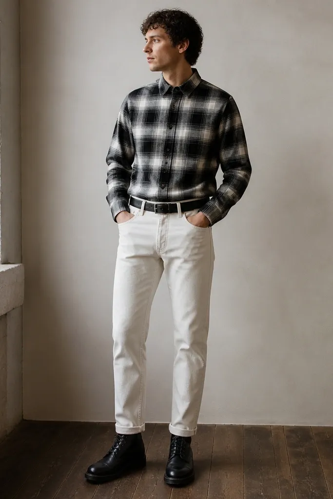 A man wearing a black-and-white plaid flannel overshirt buttoned up with sleeves down, paired with white denim pants. He has on black leather lace-up boots and a black belt. The flannel looks brushed and slightly fuzzy, with a relaxed fit.