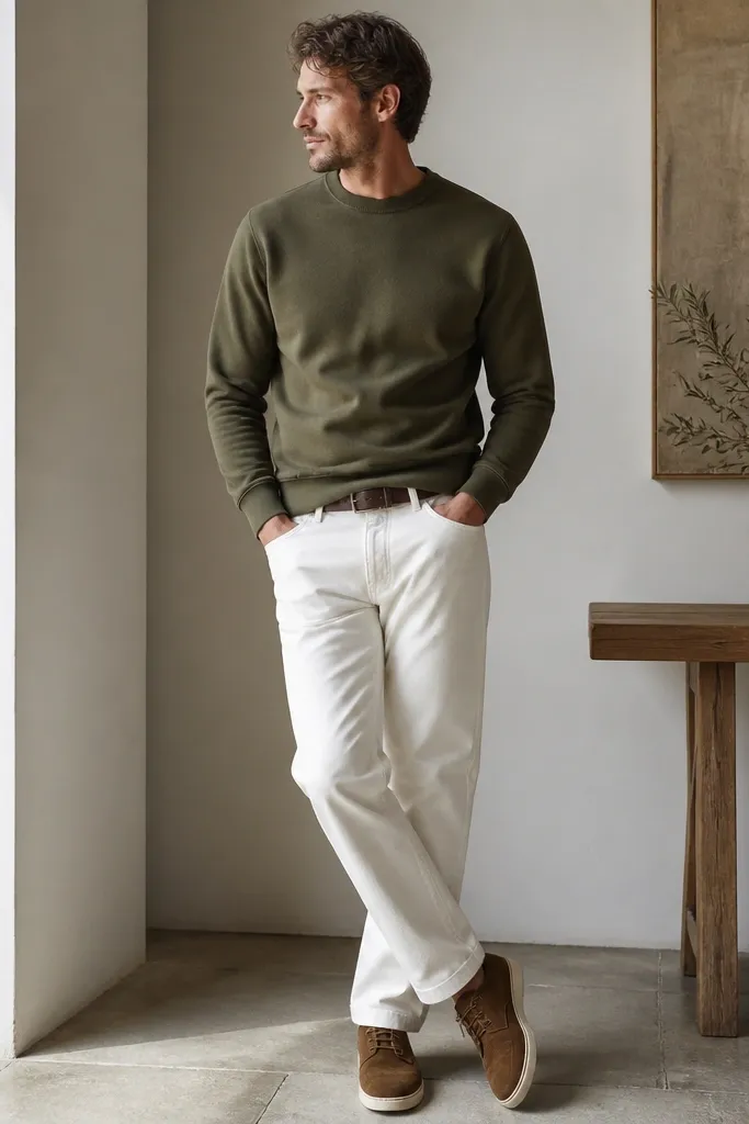 A man wearing an olive crewneck sweatshirt with ribbed cuffs and hem, paired with white denim pants. He has on brown suede sneakers and a simple brown belt. The sweatshirt looks soft but not oversized.