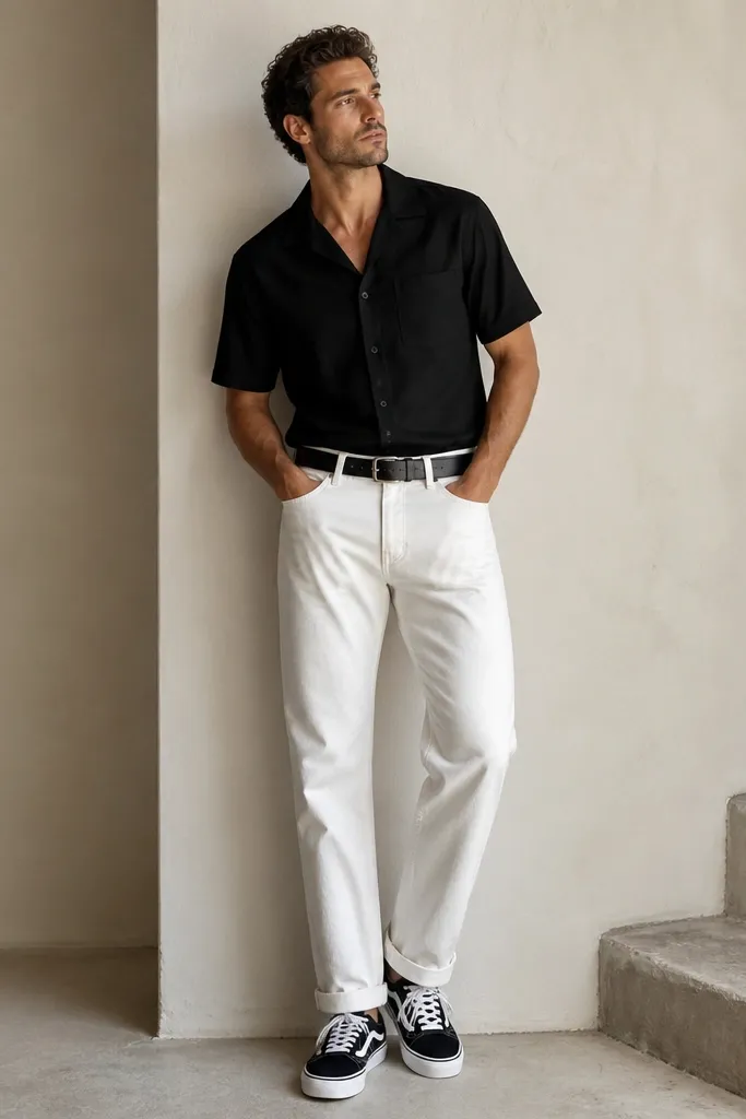 A man wearing a black short-sleeve camp collar shirt with a relaxed drape, paired with white denim pants. He wears black-and-white sneakers and a black belt. The shirt has a slight sheen-free finish and a clean collar line.