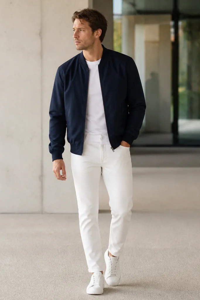 A man wearing a navy bomber jacket with ribbed cuffs and collar, layered over a plain white crewneck tee. He pairs it with white denim pants and white sneakers. The jacket has a smooth outer fabric and a simple zipper.