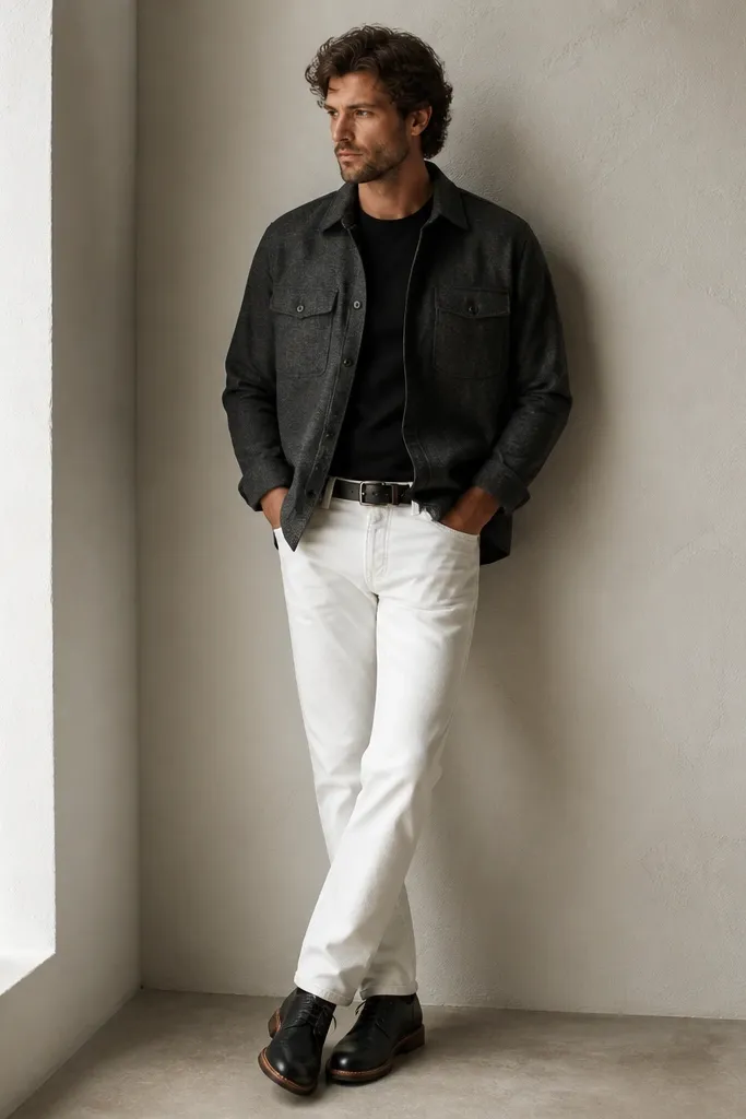 A man wearing a charcoal grey overshirt with flap pockets, worn over a black tee. He has on white denim pants and shoes in black with brown sole trim. A dark belt matches the black tee.
