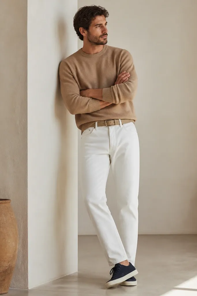 A man wearing a tan crewneck sweater with a ribbed collar and cuffs, paired with white denim pants. He wears navy low-top sneakers and a tan belt. The sweater is thicker than a tee and looks soft.