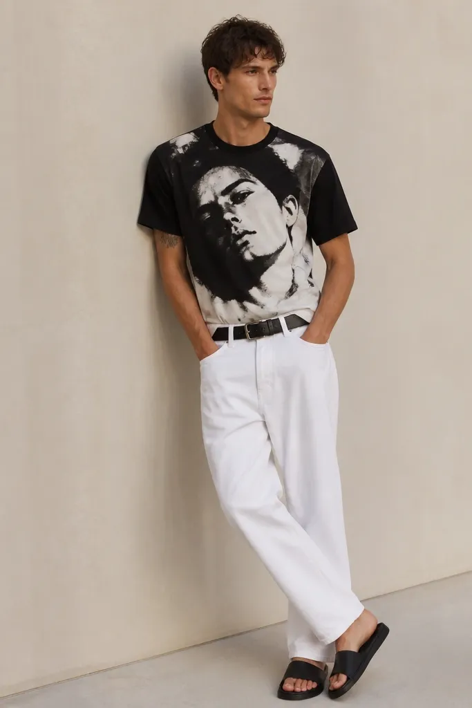 A man wearing a black-and-white graphic T-shirt with a large front print, paired with white denim pants. He has on black slide sandals and a black belt. The denim is bright and matte, and the tee looks cotton jersey.