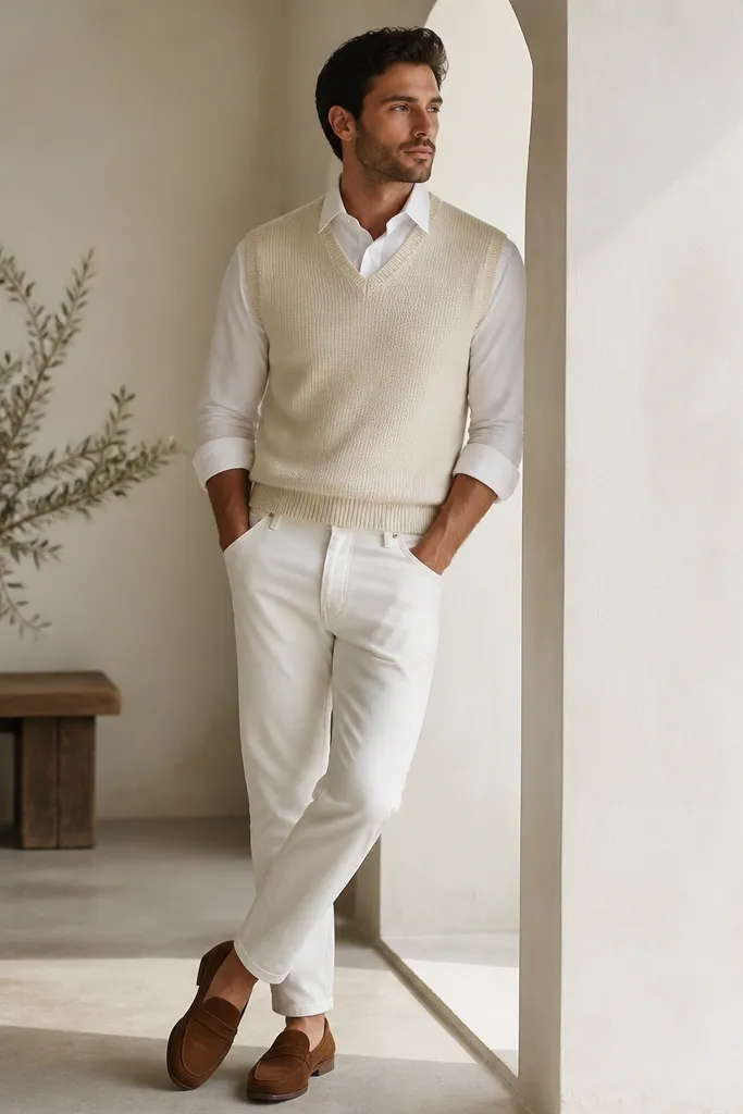 A man wearing a cream sweater vest over a white button-down shirt, with the collar visible. He pairs it with white denim pants and brown loafers. The vest is ribbed at the armholes and has a clean V-neck line.