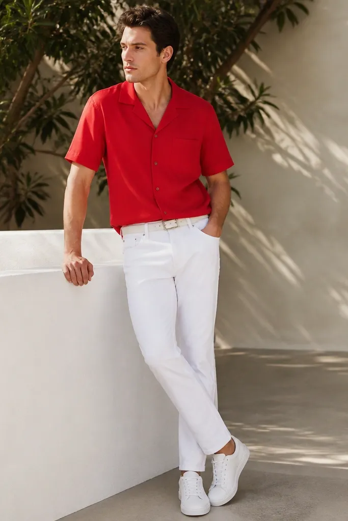 A man wearing a bright red short-sleeve camp shirt with a relaxed collar, paired with white denim pants. He wears white low-top sneakers and a simple white belt. The shirt fabric looks matte and lightweight.