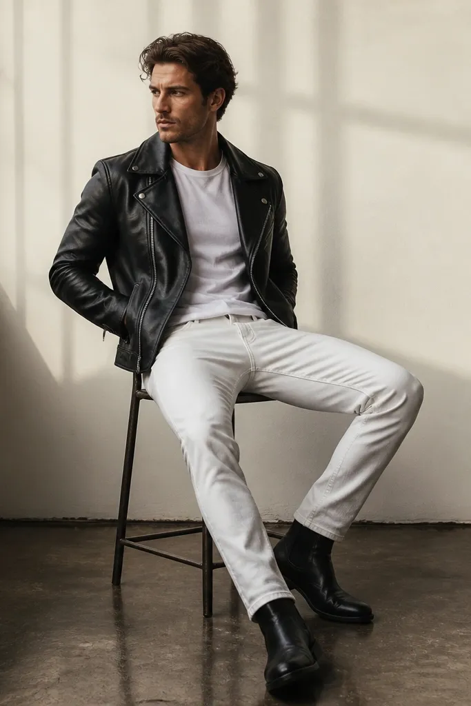 A man wearing a black leather biker jacket with a zip front over a plain white crewneck tee. He pairs it with white denim pants and black leather boots. The leather has a matte sheen and the outfit looks sharp and edgy.