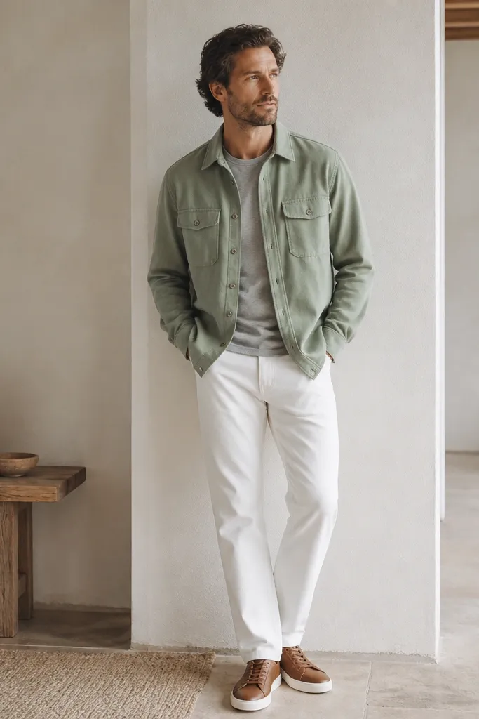 A man wearing a sage green overshirt with buttons and flap pockets, layered over a light gray tee. He has on white denim pants and brown leather sneakers. The overshirt fabric looks cotton twill with a soft matte finish.