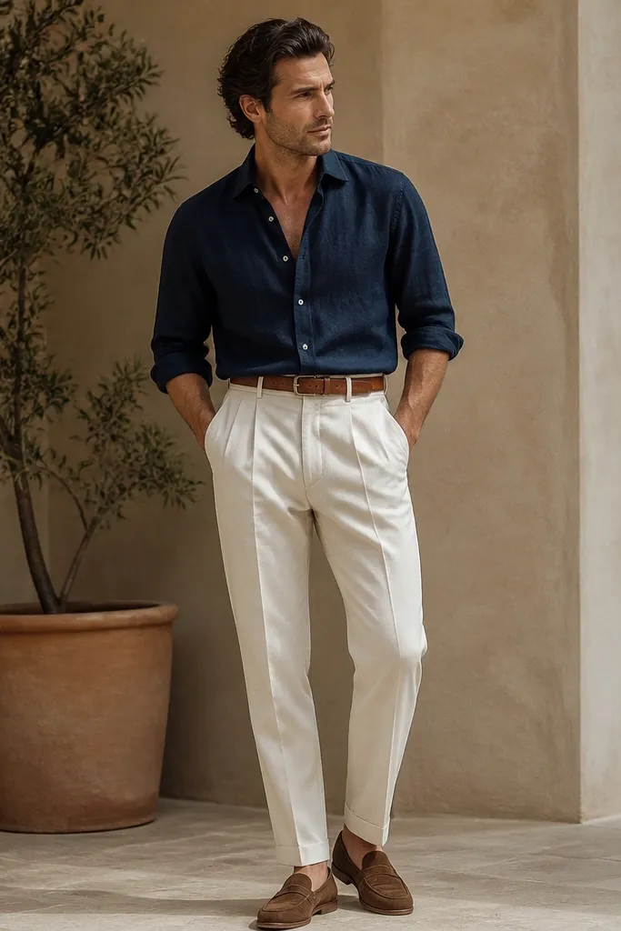 Man wearing off-white pleated trousers with a navy linen button-up. The shirt is worn slightly open at the collar with sleeves rolled to mid-forearm. Brown suede loafers and a tan leather belt are visible.