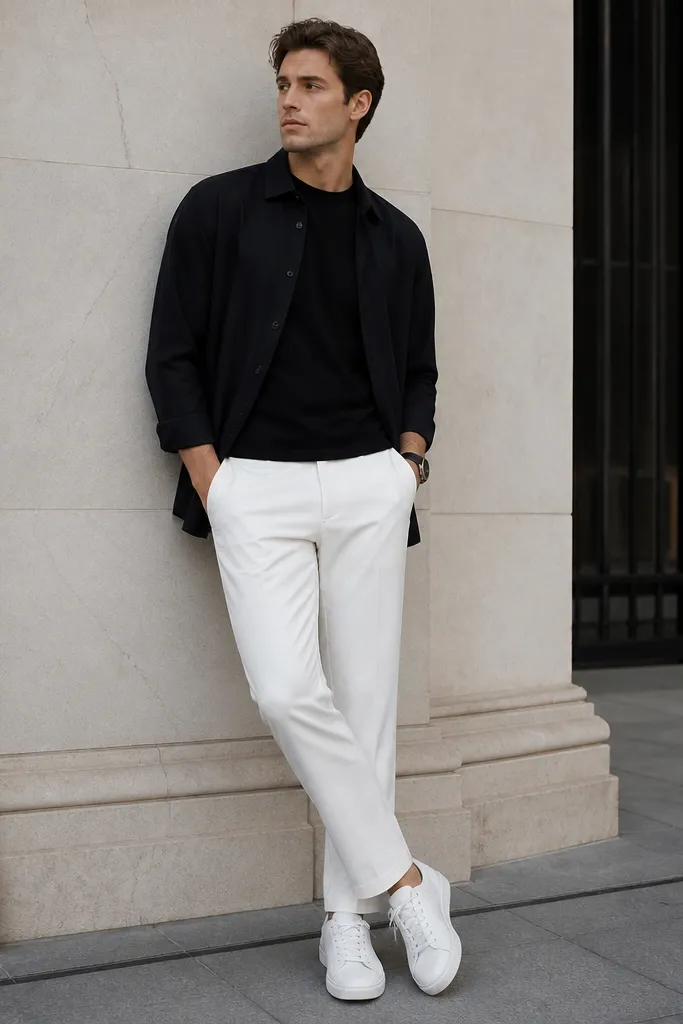 Man wearing bright white slim trousers with a black lightweight overshirt. The overshirt is unbuttoned, showing a black crewneck underneath. White low-top sneakers and a black watch strap are visible.