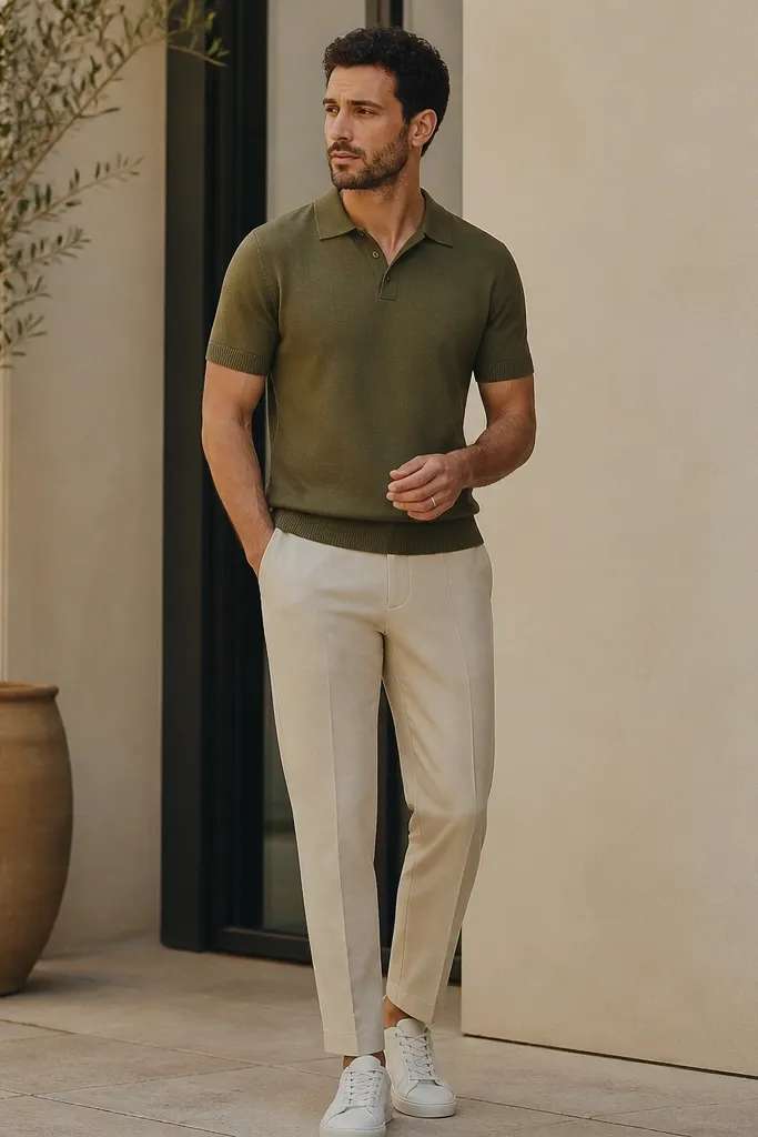 Man wearing cream tapered trousers with an olive knit polo shirt. The polo has a clean collar and ribbed cuffs. White sneakers and a simple silver ring are visible.