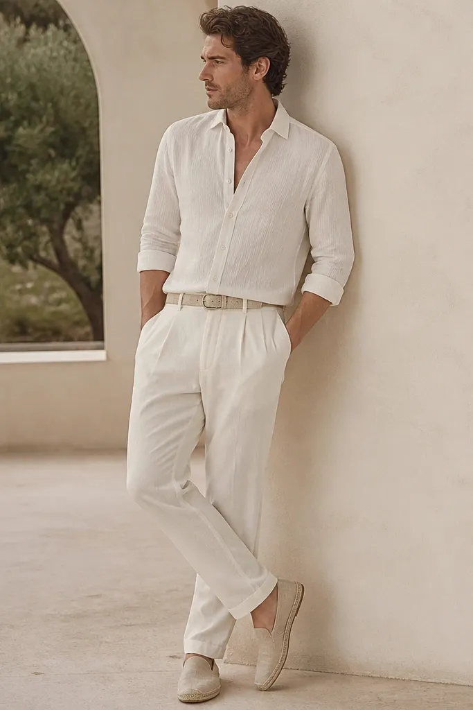 Man wearing off-white seersucker shirt with subtle stripes and off-white trousers. The shirt is unbuttoned at the top with a lightweight undershirt not visible. Espadrilles and a matching belt are shown.