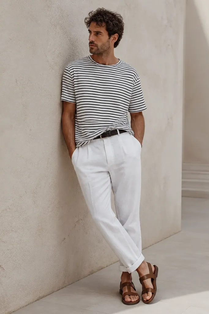 Man wearing white pants with a black-and-white horizontal striped tee. The tee is tucked loosely in the front. Brown leather sandals and a black belt are visible.