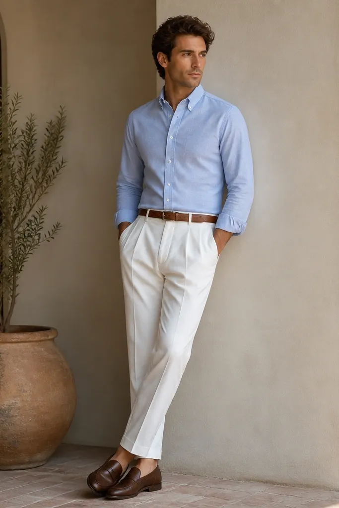 Man wearing white pleated trousers with a light blue oxford shirt. The shirt is buttoned and sleeves are rolled once. Brown leather loafers and a medium-brown belt are visible.