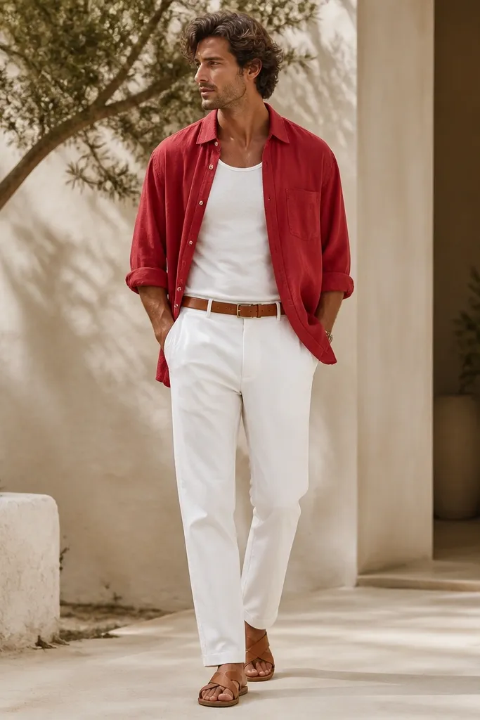 Man wearing bright white trousers with a red linen shirt. The shirt is unbuttoned and worn open over a white tank or tee. Natural leather belt and tan leather sandals are shown.