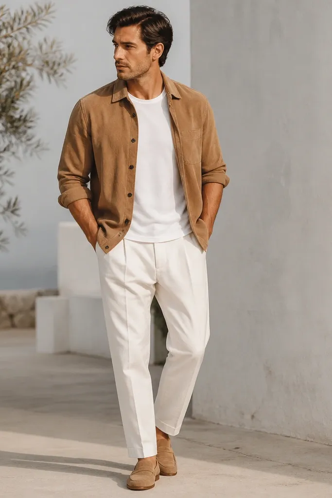 Man wearing white pants with a tan suede or suede-look shirt worn open over a white crewneck tee. The shirt sleeves are rolled and the collar is slightly relaxed. Tan suede loafers are visible.