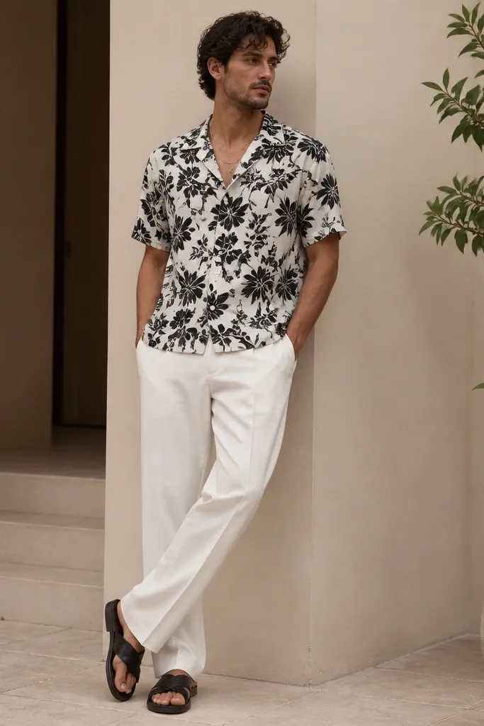 Man wearing white trousers with a black-and-white floral camp collar shirt. The shirt is buttoned and worn slightly loose. Black leather sandals and a simple chain necklace are visible.