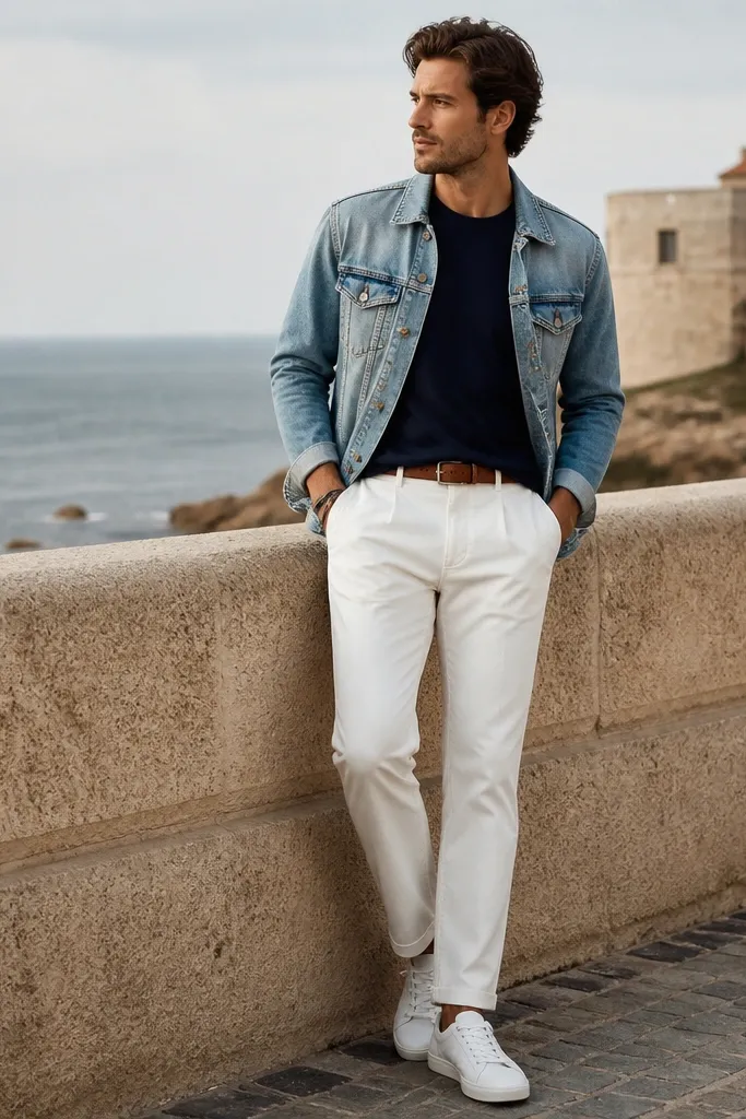 Man wearing white pants with a navy crewneck tee. A light blue denim jacket is worn open. White sneakers and a brown belt are visible.