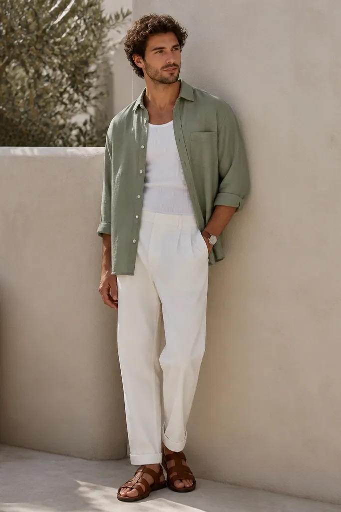 Man wearing white trousers with a sage green overshirt worn open over a white tank top. The overshirt has visible buttons and rolled sleeves. Brown leather sandals and a simple watch are shown.