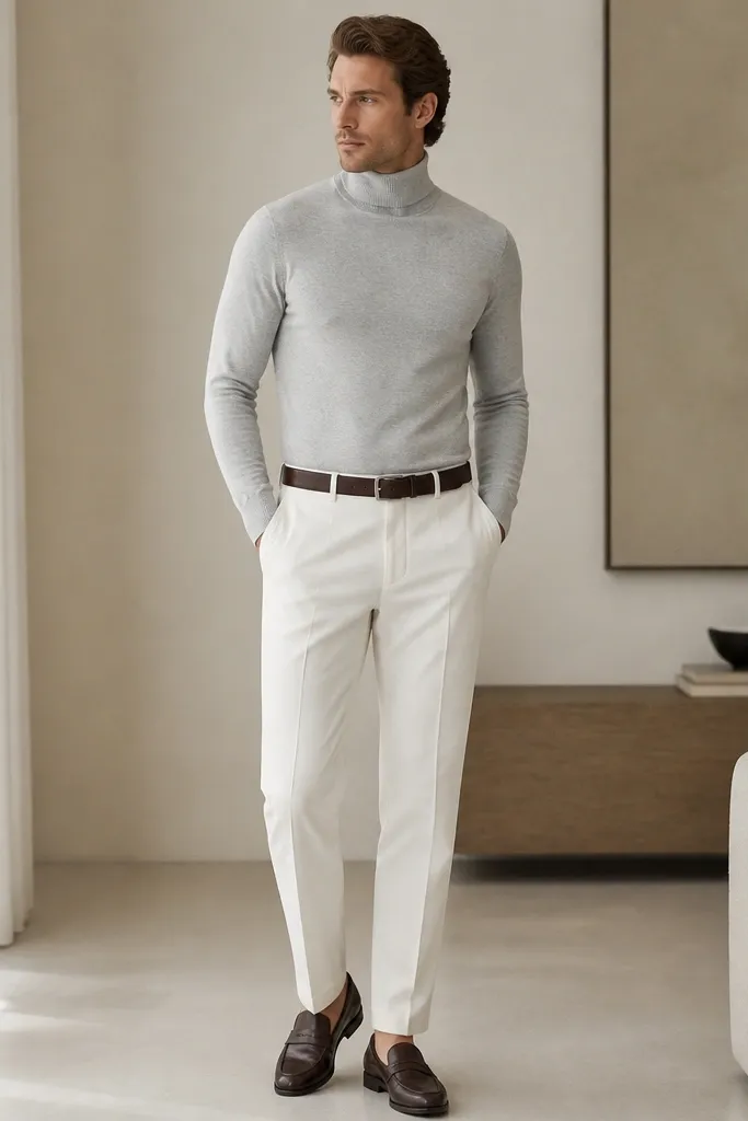 Man wearing white trousers with a thin light grey turtleneck sweater. The turtleneck is fitted and the sleeves are full length. Dark brown loafers and a matching belt are visible.