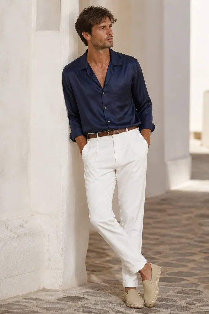 Man wearing white trousers with a navy silk-look camp shirt. The shirt has a subtle sheen and a relaxed fit. Espadrilles and a brown leather belt are visible.