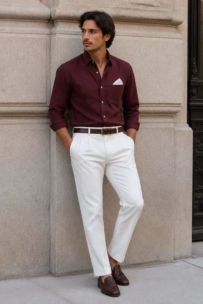 Man wearing white trousers with a burgundy oxford shirt. The shirt is buttoned with sleeves rolled once. A white pocket square sits in the chest pocket area. Brown loafers and belt are visible.